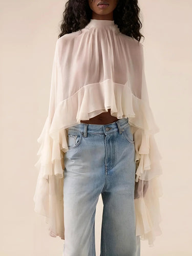 Women's Loose Sheer Blouse High Neck Long Sleeves Patchwork Ruffles Folds Elegant Blouse Female Clothing, Drestiny, Blouses, Dress Shirts, Casual Shirts, Long Sleeves, United States, USA, Canada, Australia, New Zealand, United Kingdom, UK, Beige, Pink, S, M, L, XL, 4, 6, 8, 10, 12, Sheer Blouse, Loose Fit Blouse, Flowy Sheer Shirt, Summer Sheer Top, Sheer Blouse UK, Long Sleeve Sheer Top, shopdrestiny.com